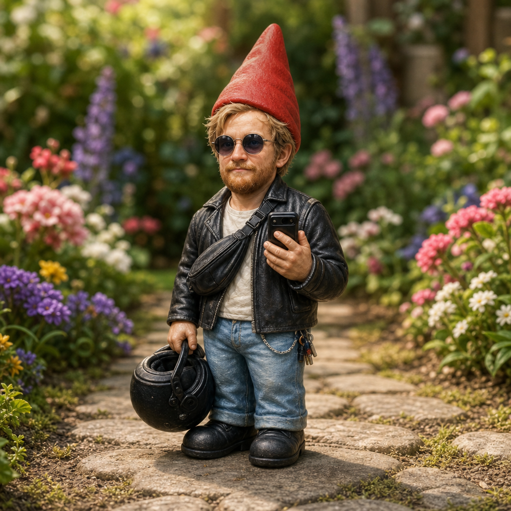 Gartenzwerg im Biker-Look mit Lederjacke, Sonnenbrille und rotem Zwergenhut im Blumengarten